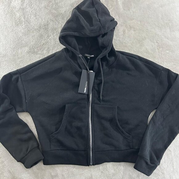 Fashion Nova Crop tops Sweater Size S Black / Blue  Front Pocket Zip up - Picture 5 of 9